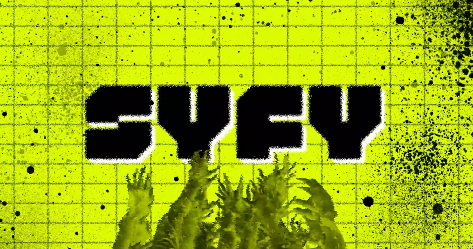 Black bold text 'SYFY' on a bright yellow grid background with black splatter and zombie-like green hands reaching upward.
