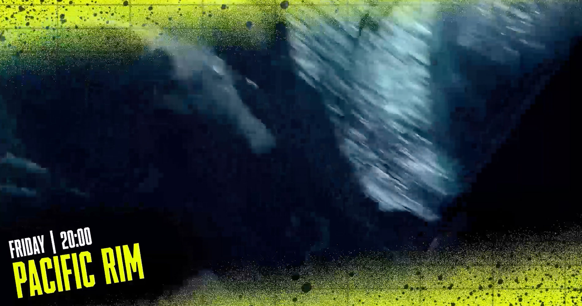 Underwater scene with a mysterious dark figure and text 'Friday | 20:00 PACIFIC RIM' in yellow and white.