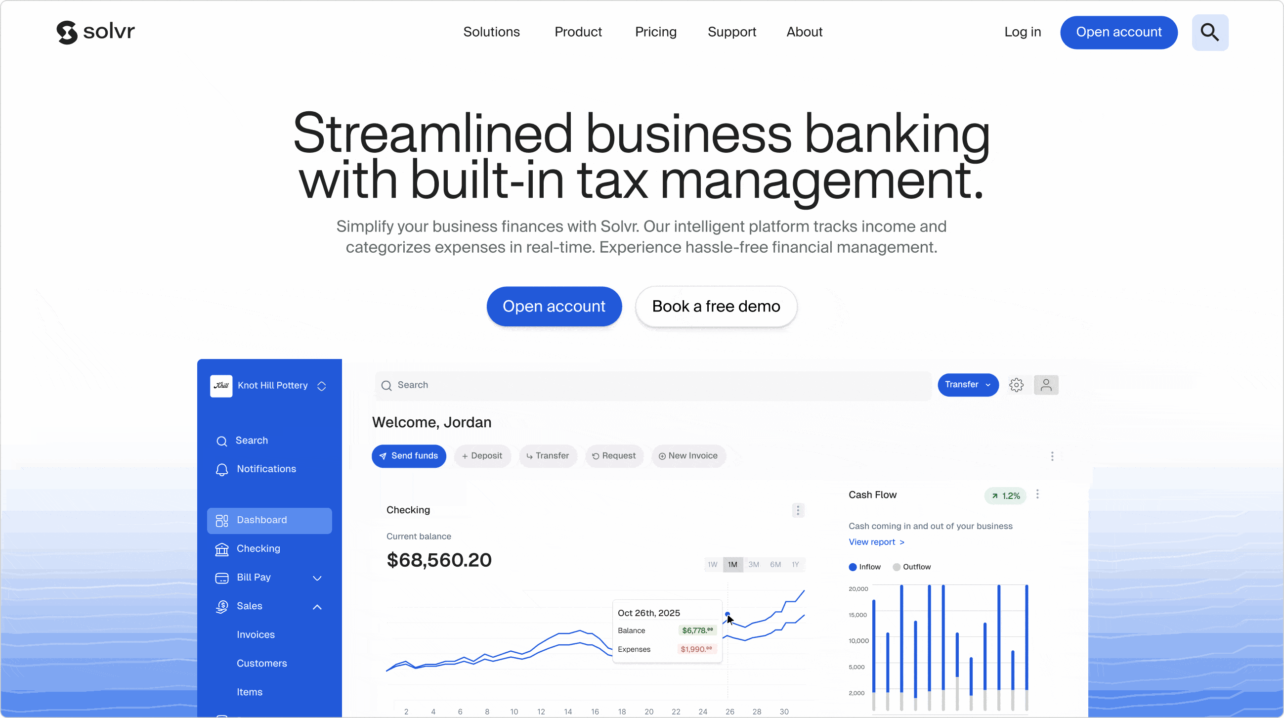 Dashboard interface of Solvr business banking platform showing current balance, transaction graph, cash flow chart, and account navigation menu.