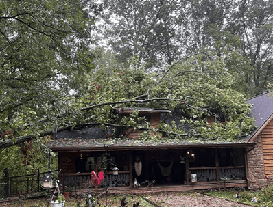 Tree fallen from a storm onto a roof of a house