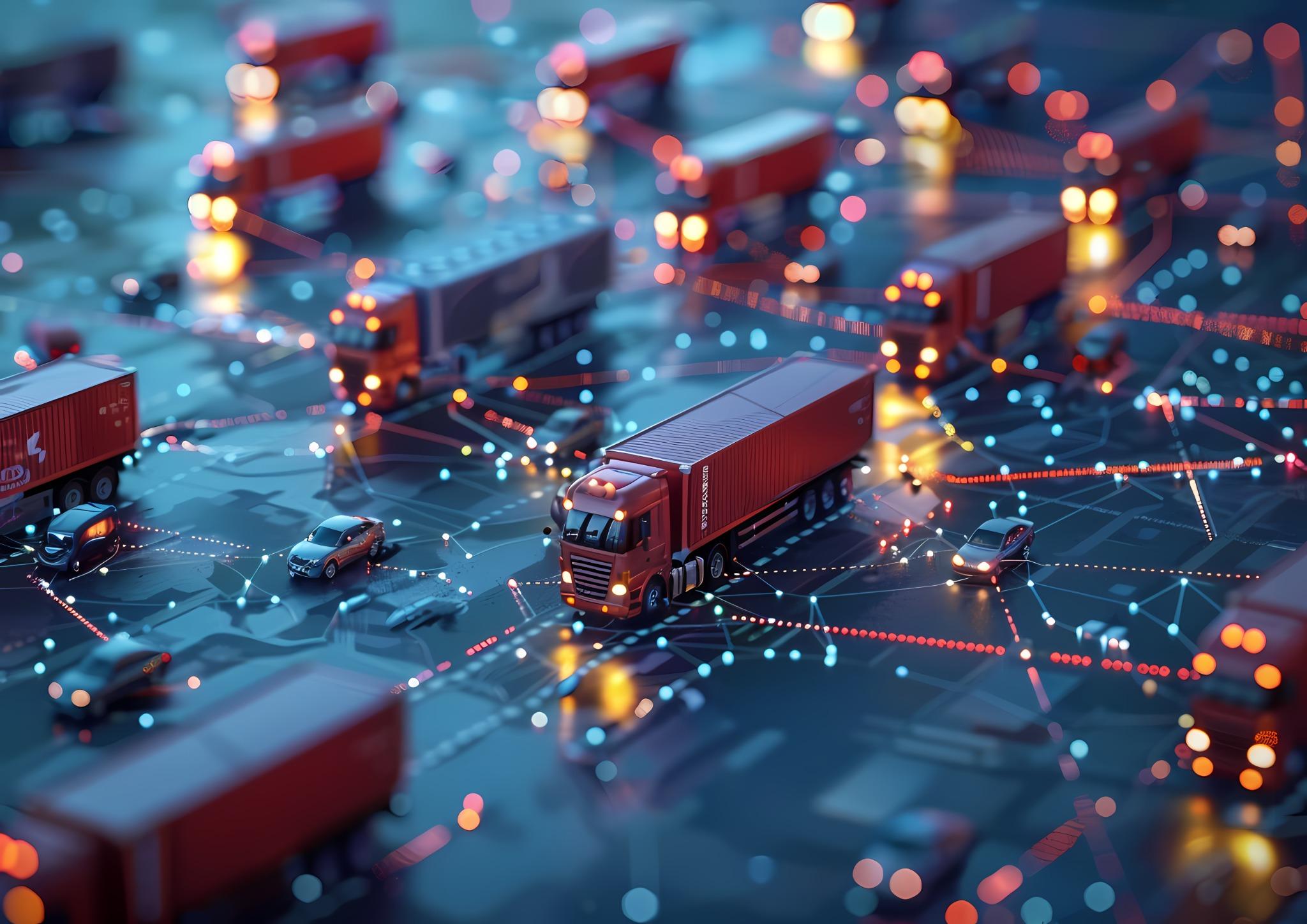Red trucks and cars on a digital map connected by glowing data points and lines representing logistics network.