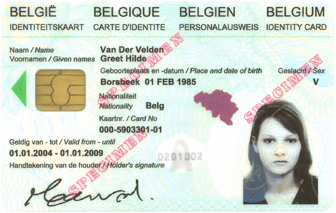 Tarjeta de identificación electrónica de Bélgica con características de identificación digital y elementos de seguridad.