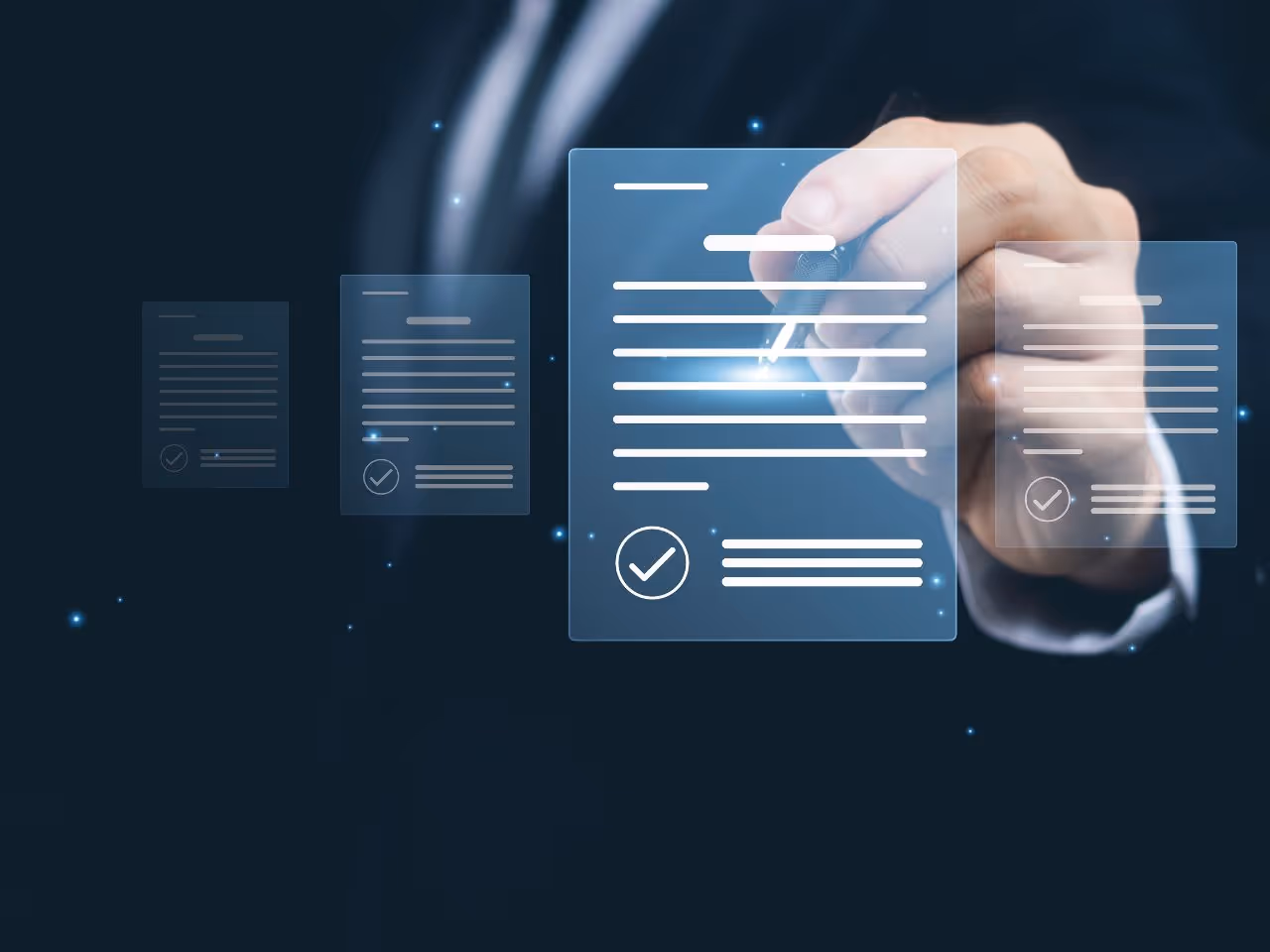Empresaria que utiliza la firma digital en una tableta en un entorno de oficina moderno