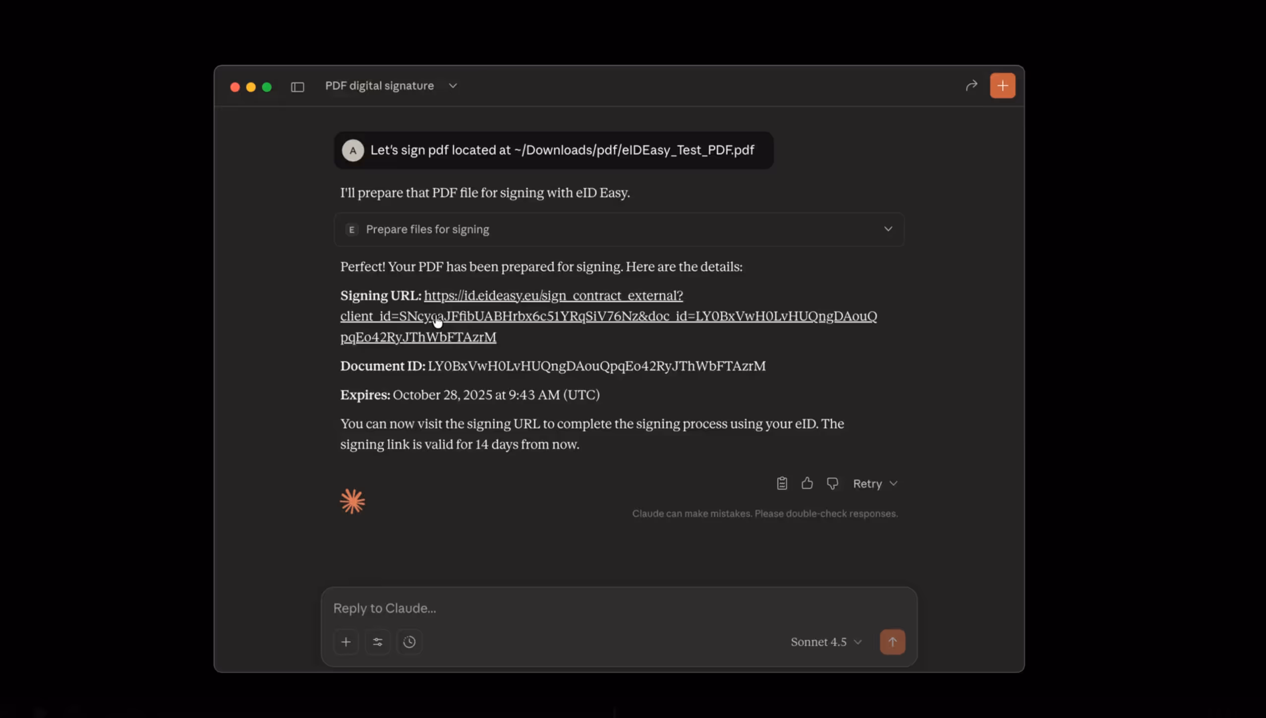 eID Easy MCP Server in Claude Desktop to sign PDF documents