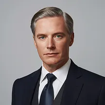 Portrait of a serious middle-aged man with gray hair wearing a dark suit and tie against a plain gray background.