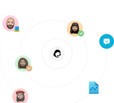 A circle of people with different facial expressions.