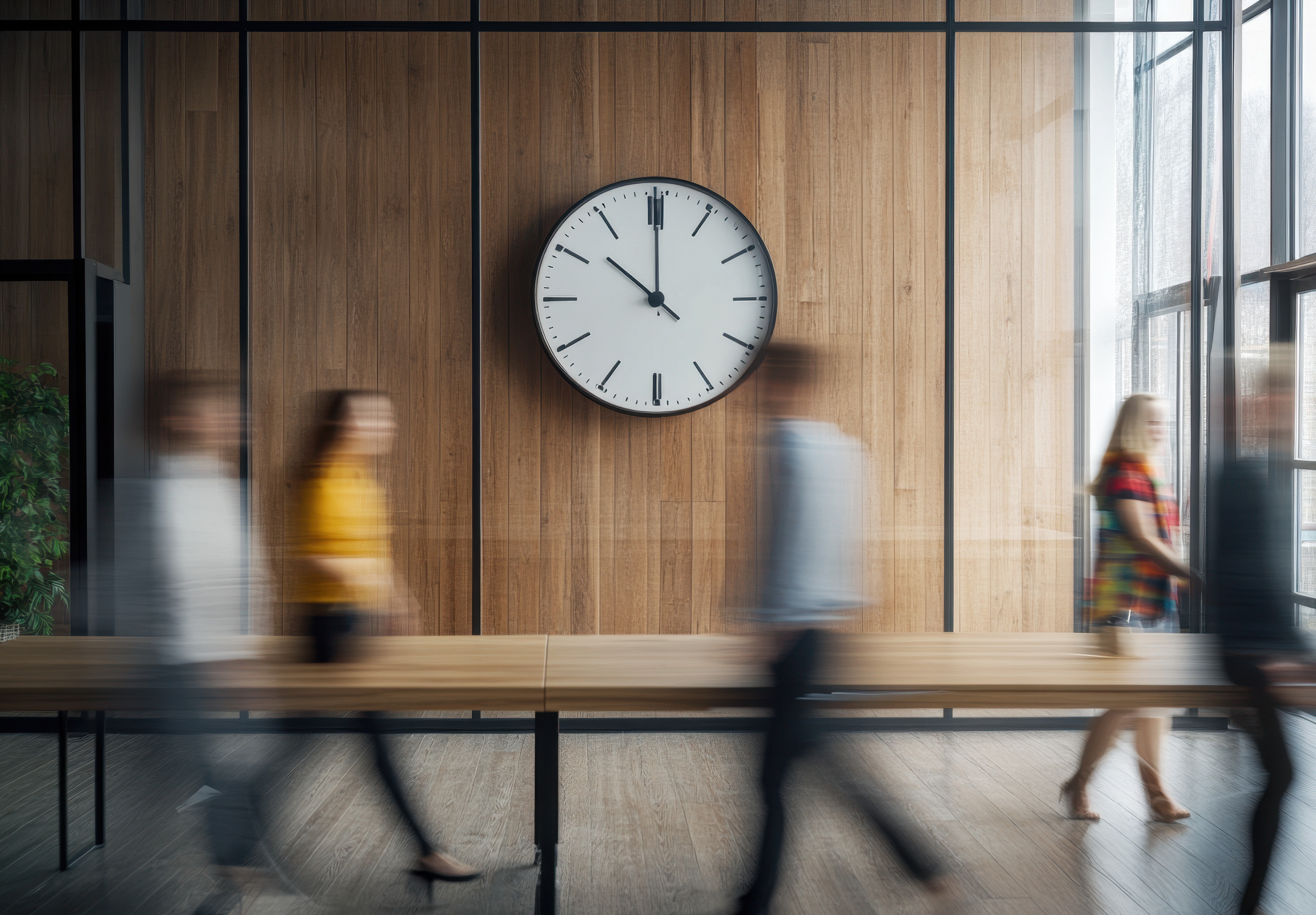 People moving through a modern office as a clock marks time, symbolizing how timing influences founders’ ability to sell ahead of private equity market waves.