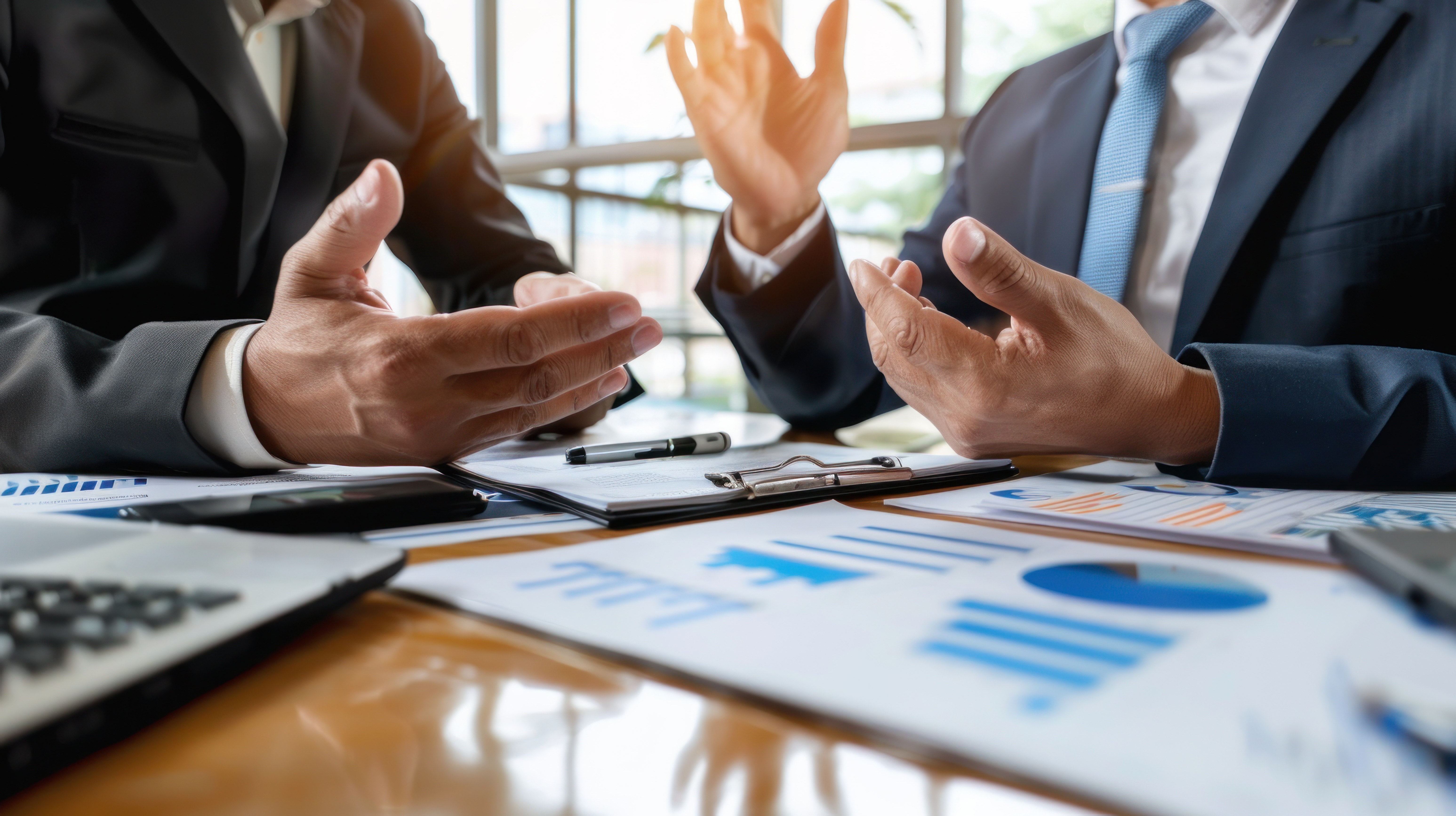 Advisors discussing company financials and valuation while preparing for a business sale.