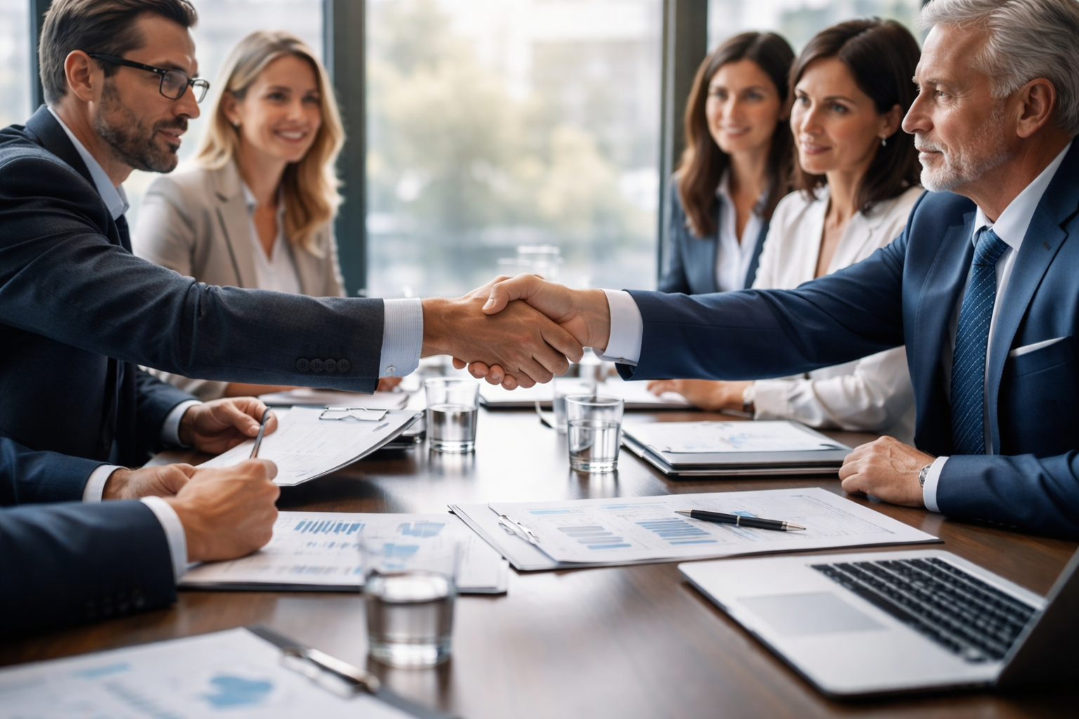 Strategic and financial buyers finalizing a business sale during a mergers and acquisitions negotiation