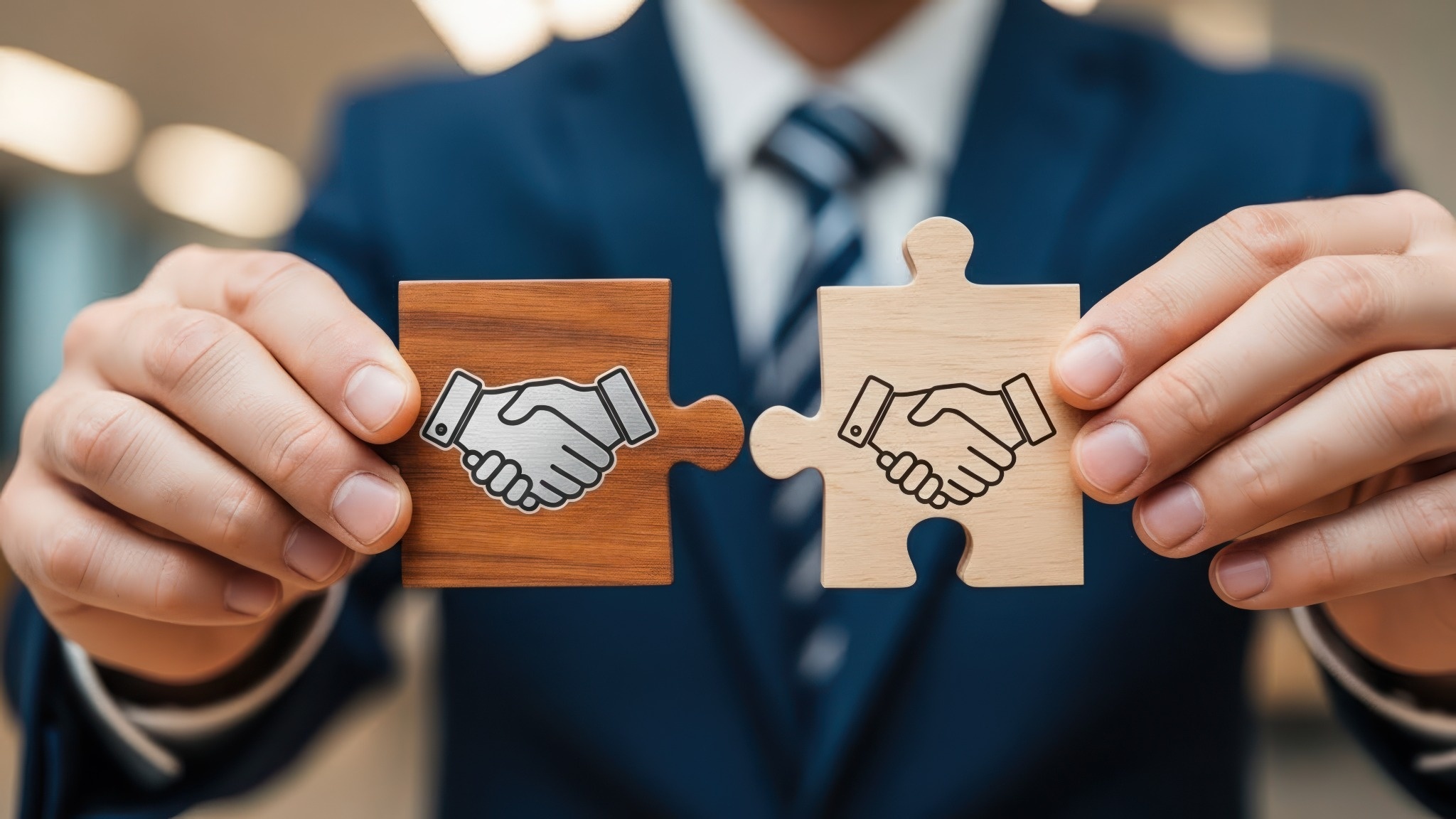 Business puzzle pieces with handshake symbol illustrating perceived strategic fit in M&A and how founders can misjudge buyer alignment during a business sale
