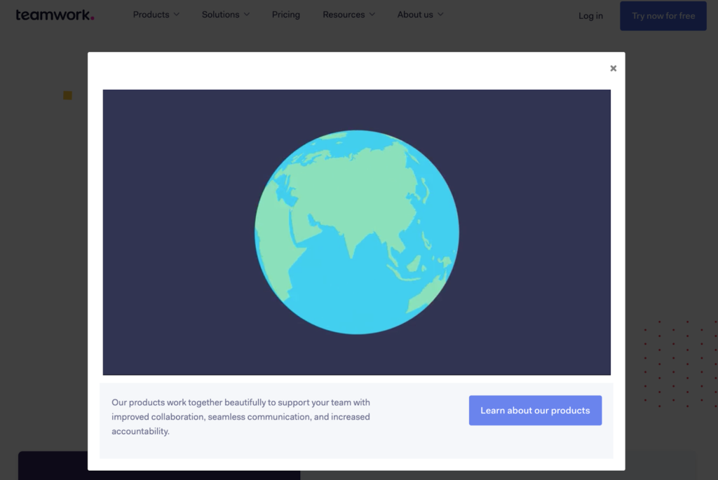 Website popup showing a earth icon by teamwork.com