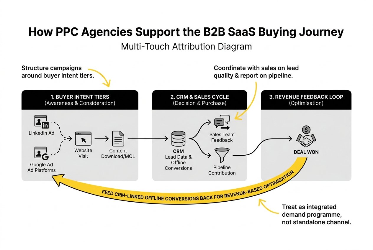 How can PPC agencies support the B2B buying journey for SaaS companies