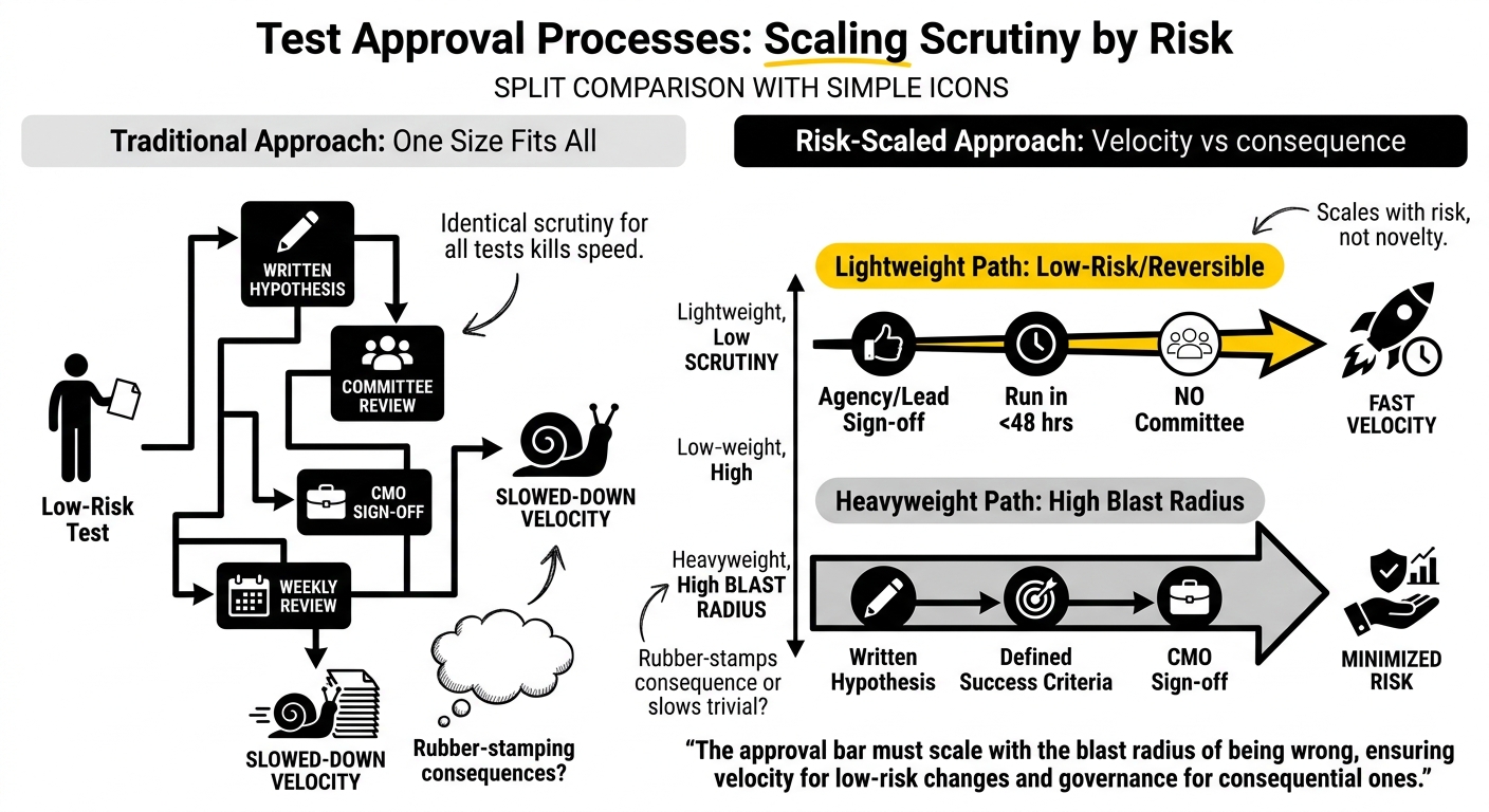 Experimentation framework diagram for SaaS paid media test approvals