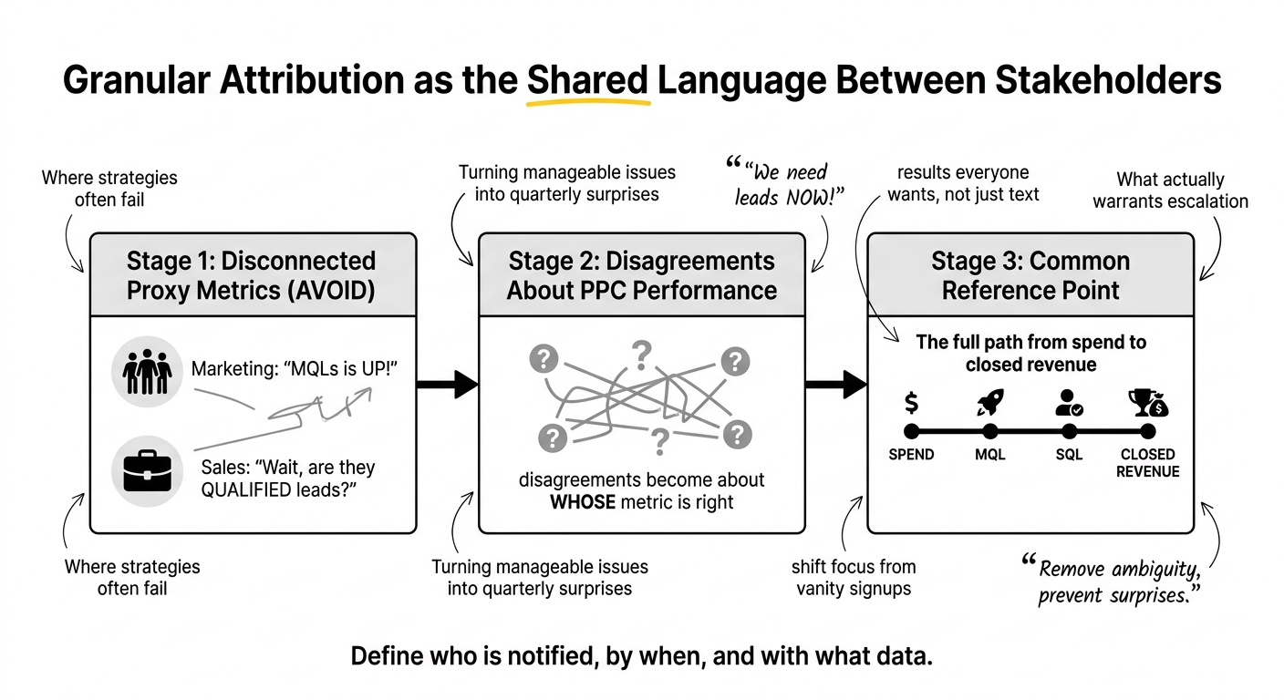 Multi-touch attribution card showing spend-to-revenue path for SaaS stakeholders