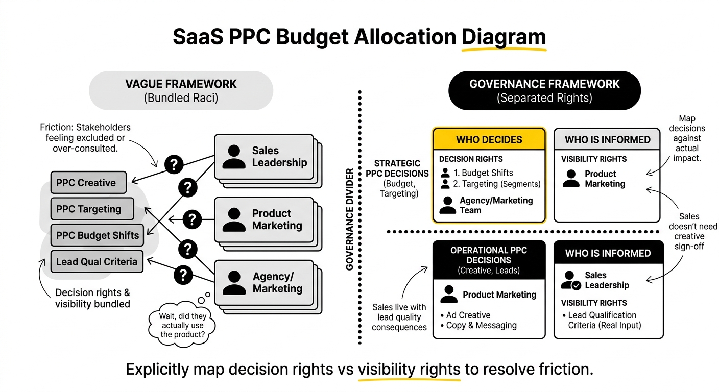 SaaS PPC budget allocation diagram showing a channel and segment shift