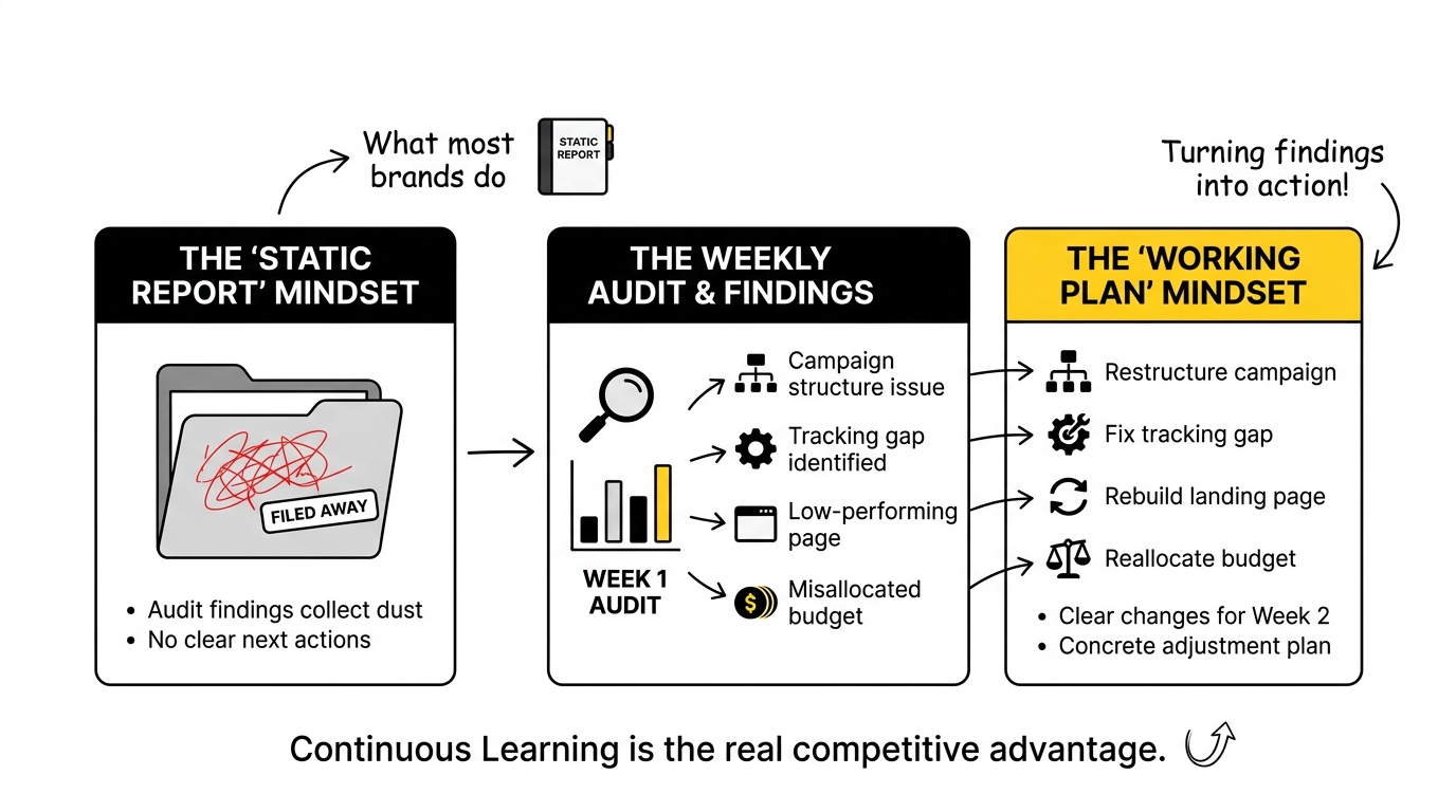 A/B testing framework card for ongoing PPC optimisation after a week-one account audit