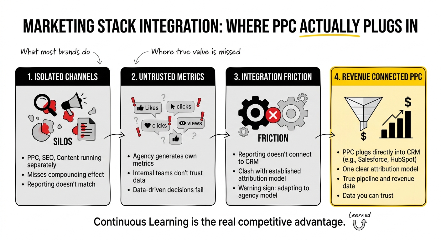 Diagram showing SaaS PPC integration with CRM and revenue metrics reporting