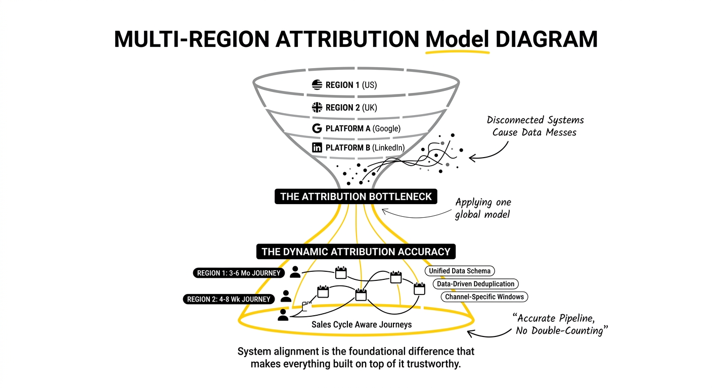 Multi-region attribution model diagram showing deduplication across platforms and sales cycle differences