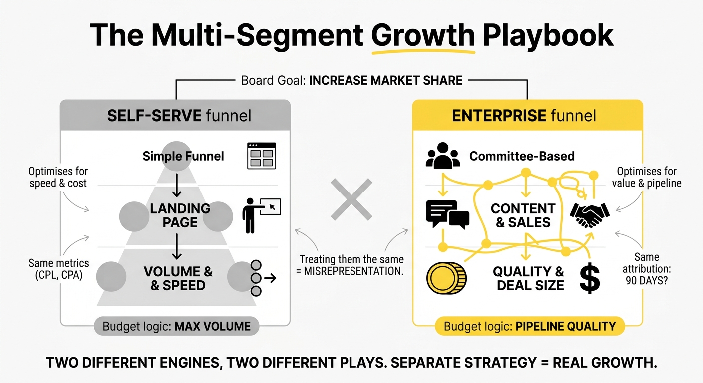 Growth motion strategy card comparing self-serve and enterprise engines for Series B SaaS