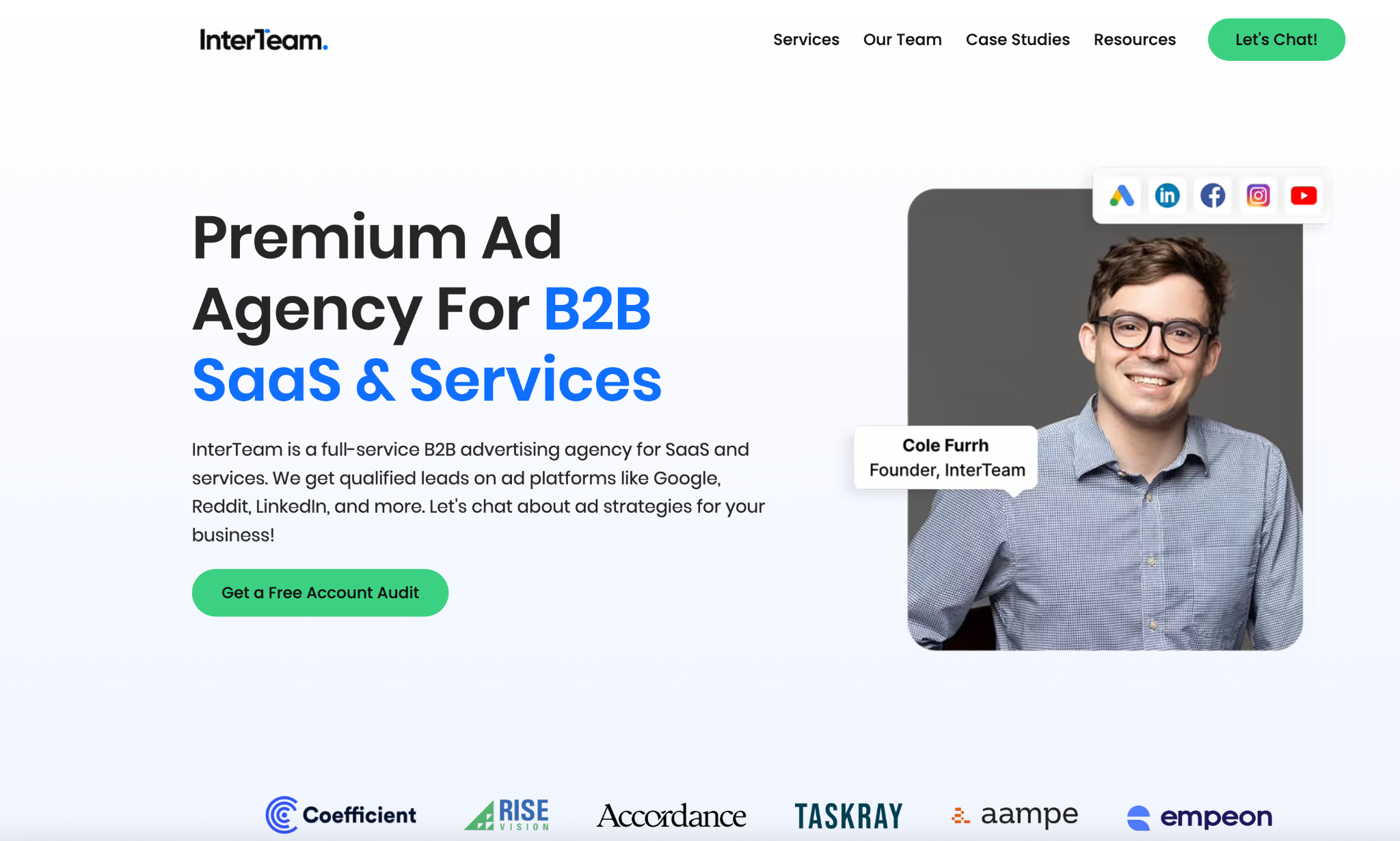 InterTeam homepage, a B2B SaaS paid media agency