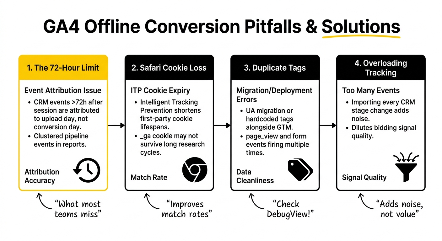 Timeline showing a paid click on day 0 and the deal closing on day 45, with GA4 recording the offline conversion on the arrival date rather than the original click date