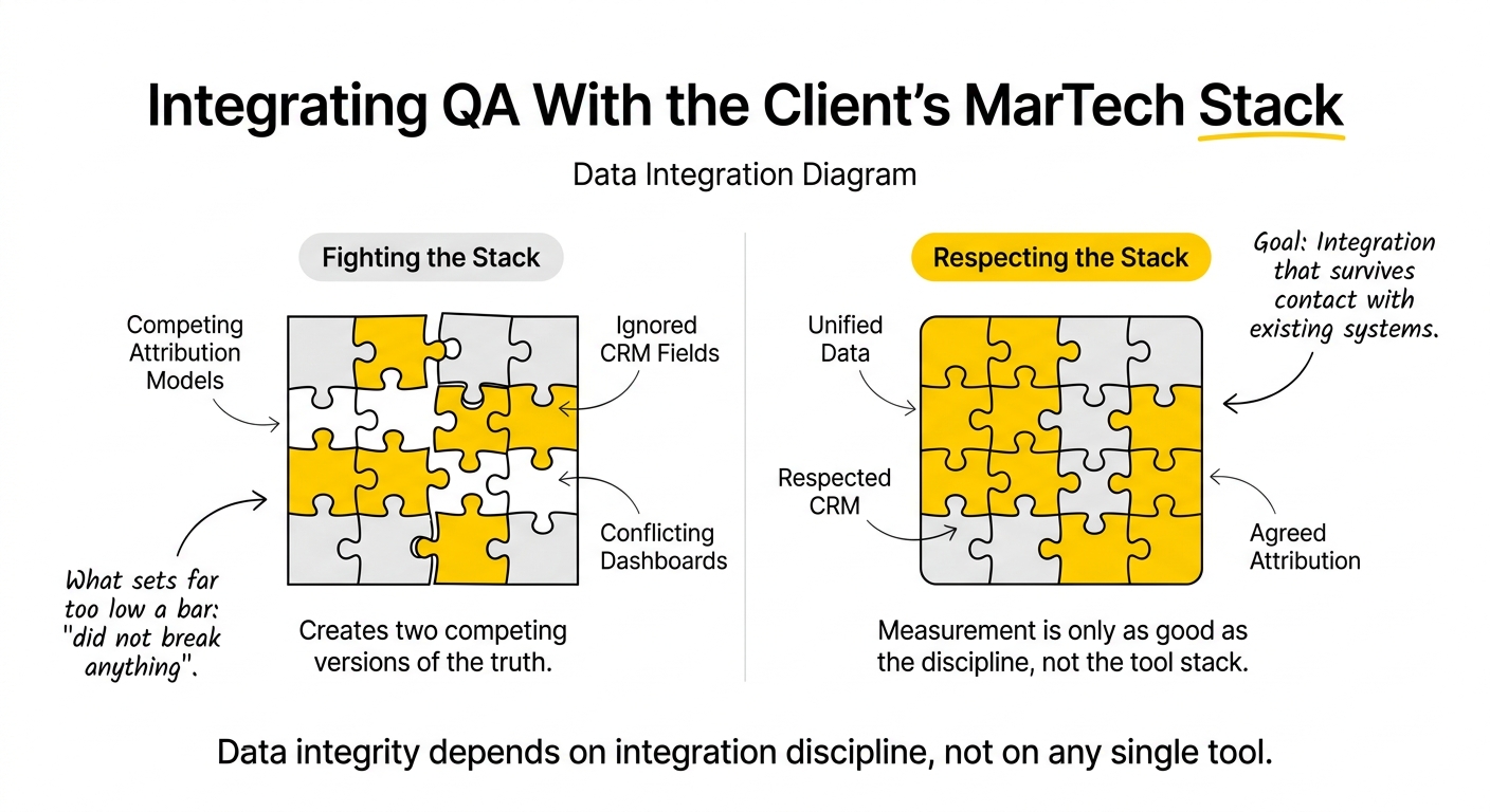 Data integration diagram showing tracking flow between ad platforms, GTM, CRM, and reporting dashboards
