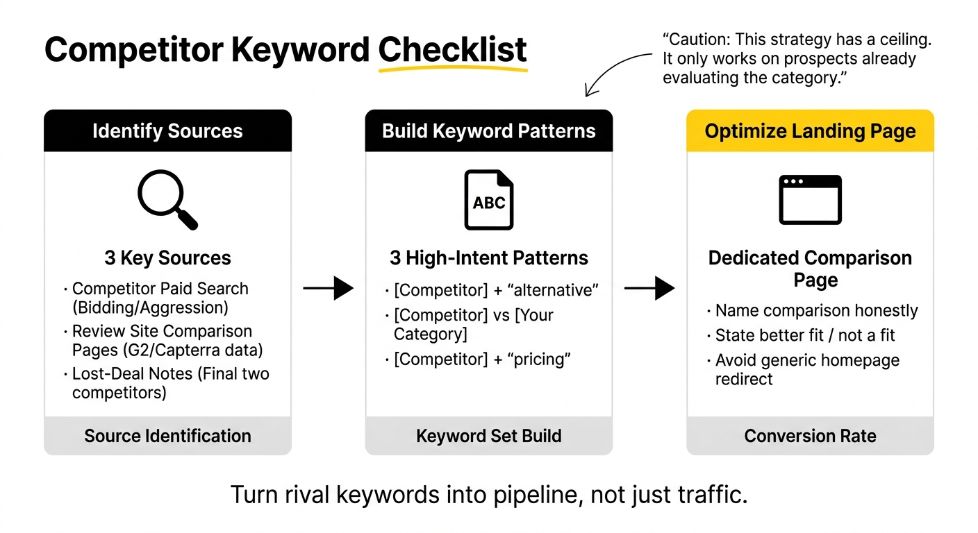 Competitor keyword checklist showing three steps for SaaS PPC competitor research: identifying sources, building keyword patterns, and optimising the landing page