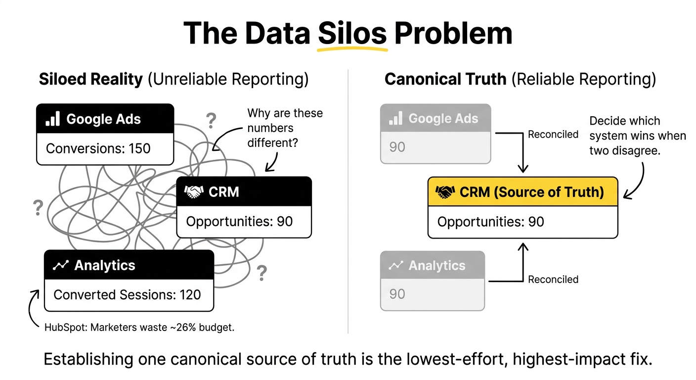 Data silos diagram comparing unreliable reporting across Google Ads, CRM, and Analytics against a reconciled model using the CRM as the single source of truth