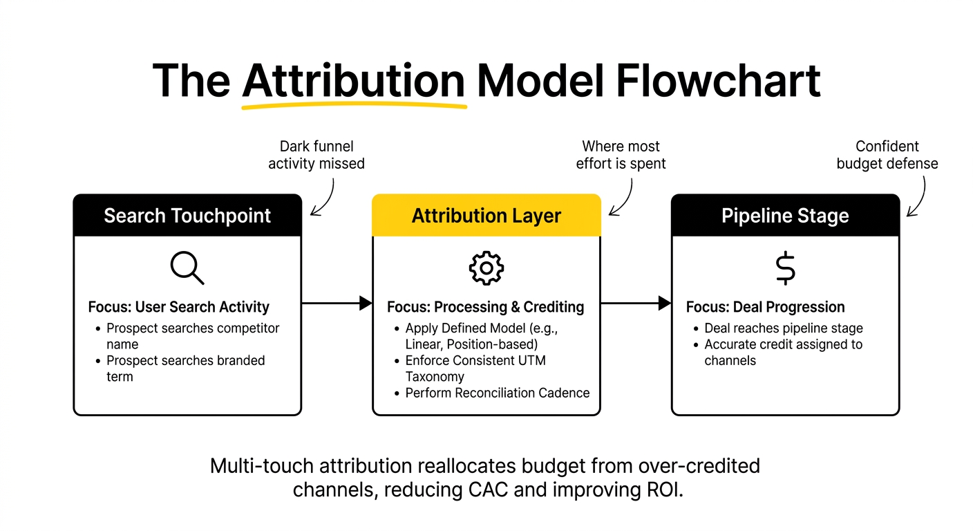 Attribution model flowchart showing how a search touchpoint moves through the attribution layer to a qualified pipeline stage in SaaS demand capture measurement