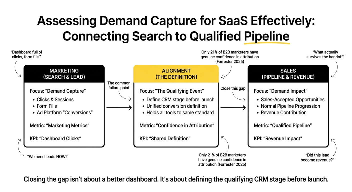 CRM alignment card mapping the handoff from marketing search activity through a shared conversion definition to sales-qualified pipeline for SaaS demand capture