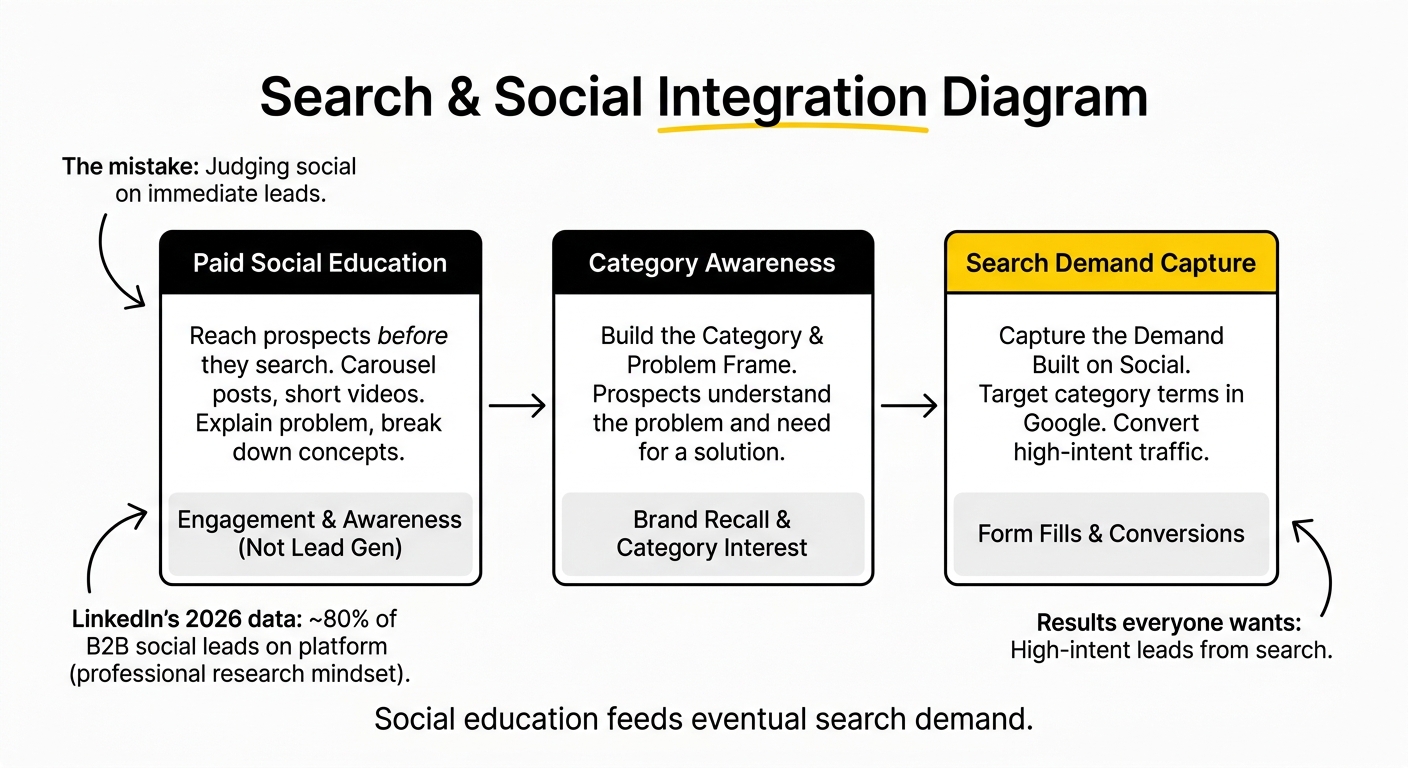 Diagram showing how educational paid social content builds category awareness that feeds eventual SaaS search demand