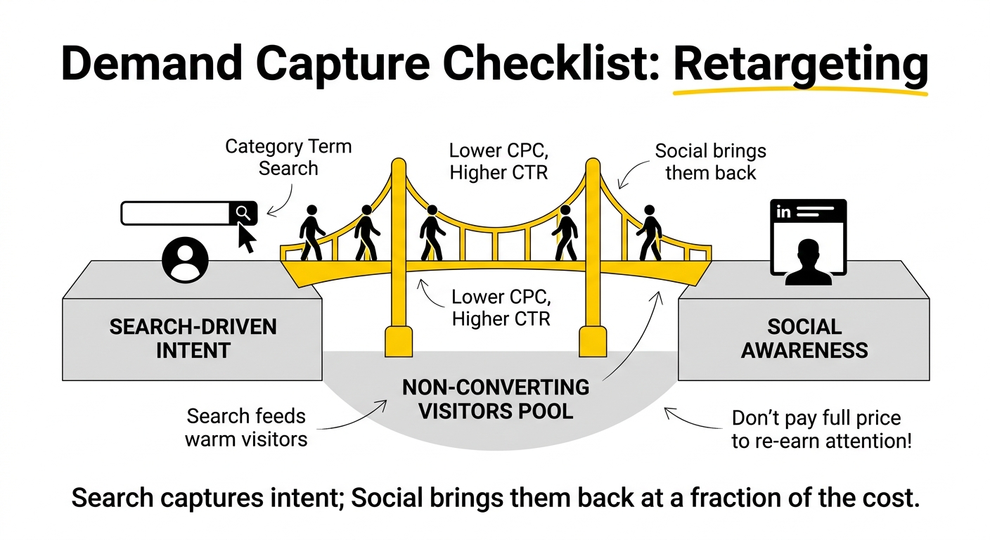 Demand capture checklist showing the handoff sequence from a search visit to a social retargeting audience for SaaS marketing
