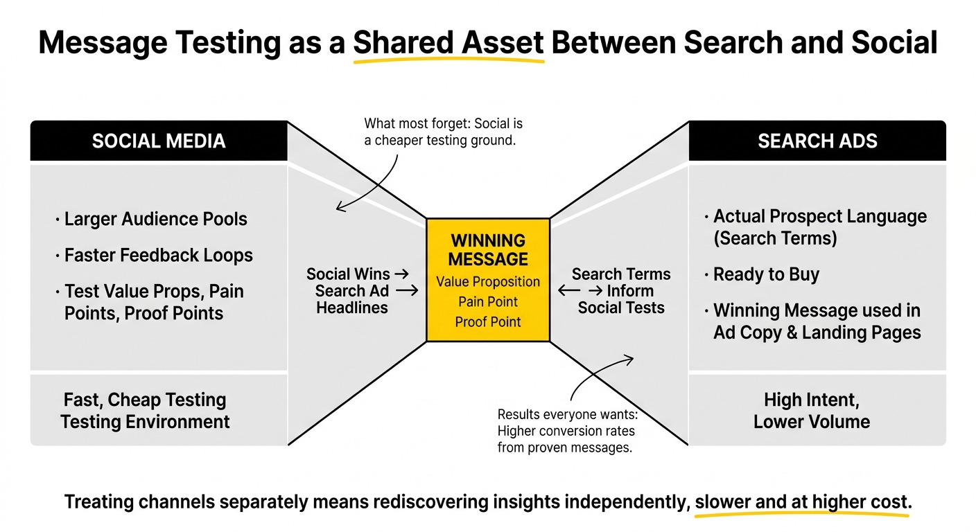 Lead quality card showing how a message tested on paid social carries over into SaaS search ad creative
