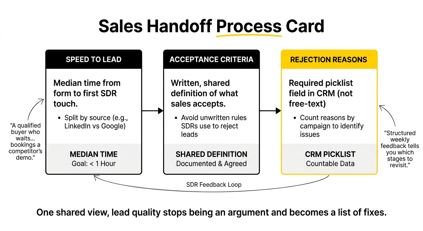 B2B SaaS sales handoff process card showing speed to lead, acceptance criteria and SDR rejection reasons