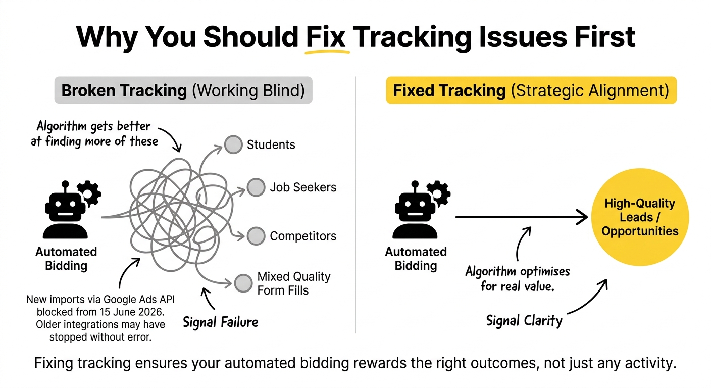 Diagram of a SaaS PPC tracking fix showing the conversion data flow from ad click to CRM opportunity and back to Google Ads