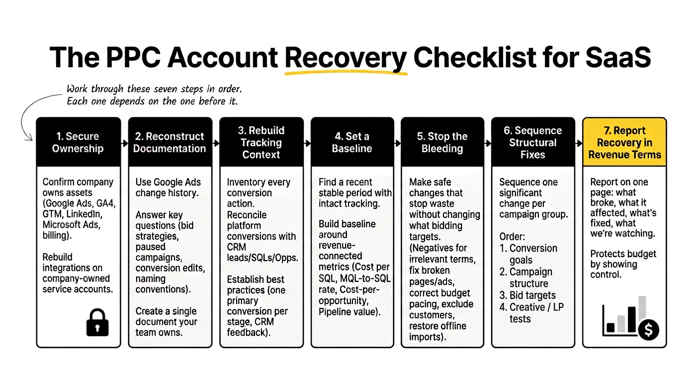 Seven-step PPC account recovery checklist for stabilising SaaS PPC after a bad agency handoff
