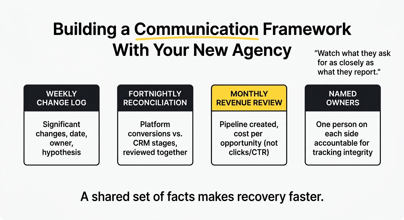Communication framework card for working with a new SaaS PPC agency after a handoff