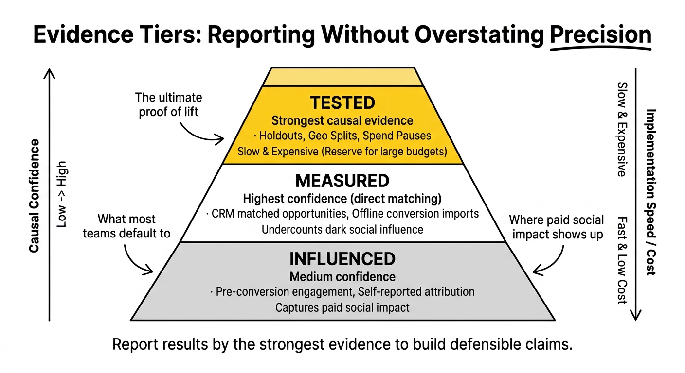 Evidence tier checklist for reporting paid media impact on pipeline: measured, influenced and tested