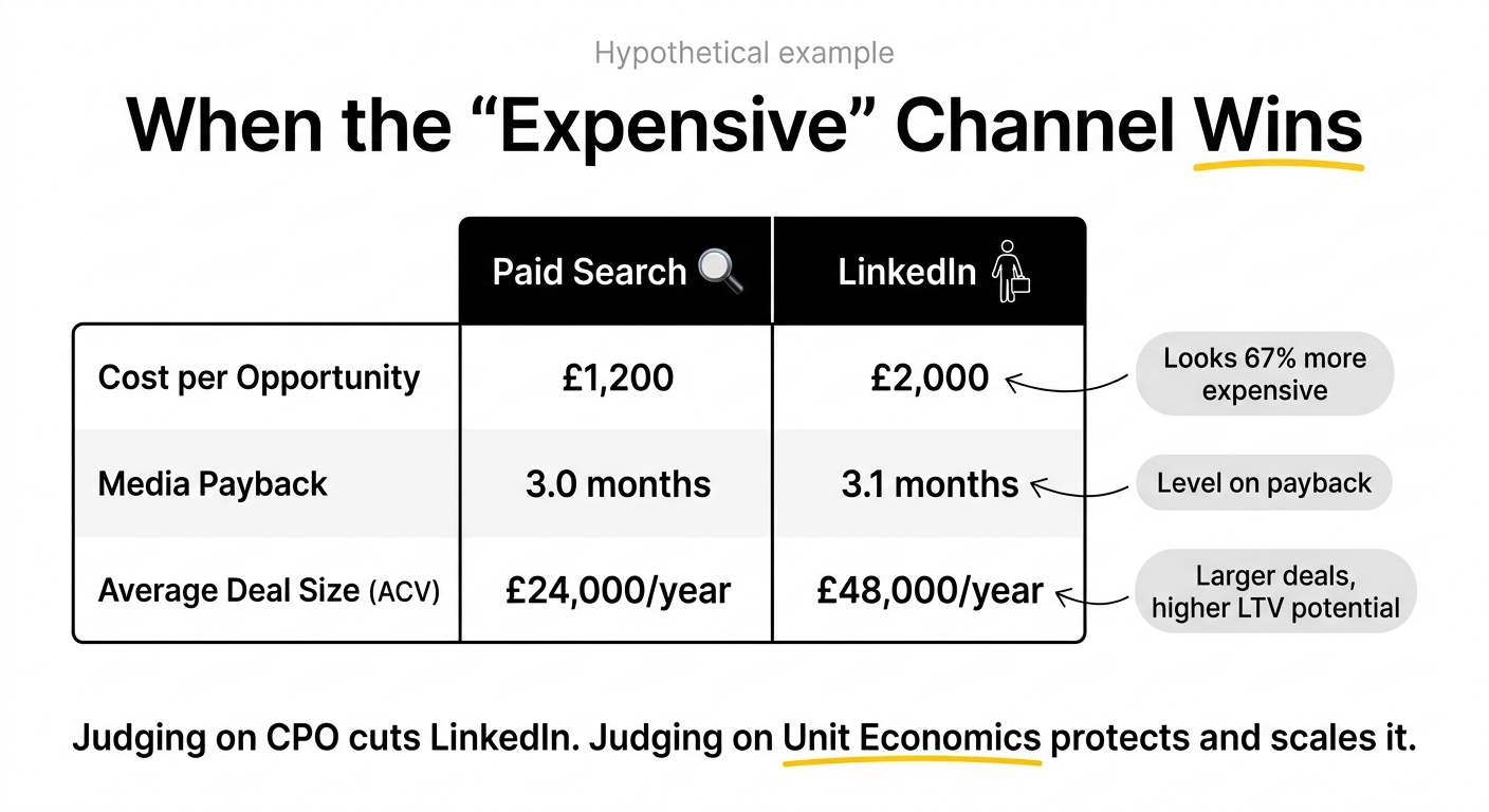 Unit economics comparison of paid search and LinkedIn showing cost per opportunity, CAC and payback