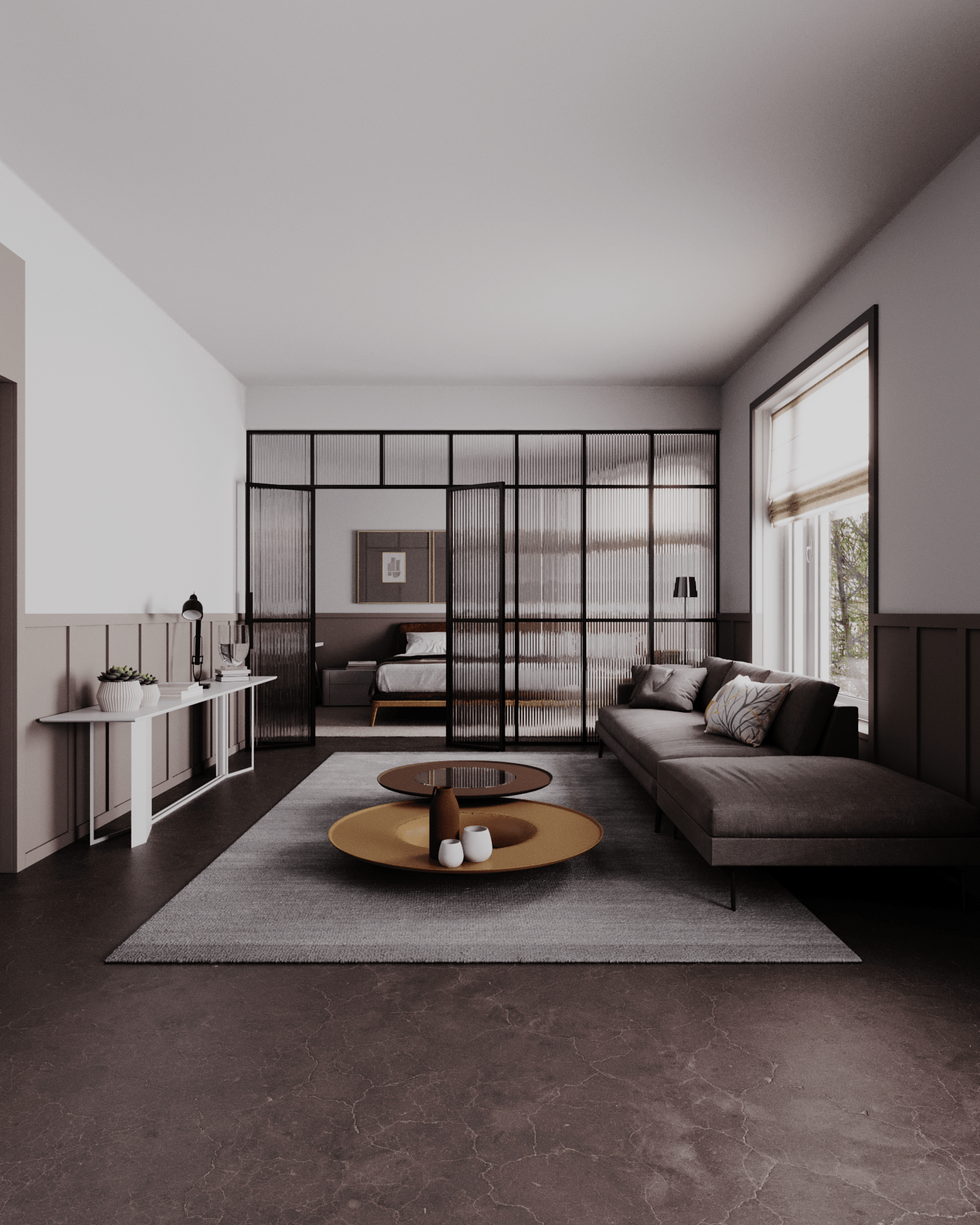 apartment outcast livingroom interior render architectural visualitzation