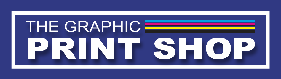 Logo with text 'THE GRAPHIC PRINT SHOP' and four horizontal color lines in blue, red, yellow, and black on a dark blue background within a white rectangular border.