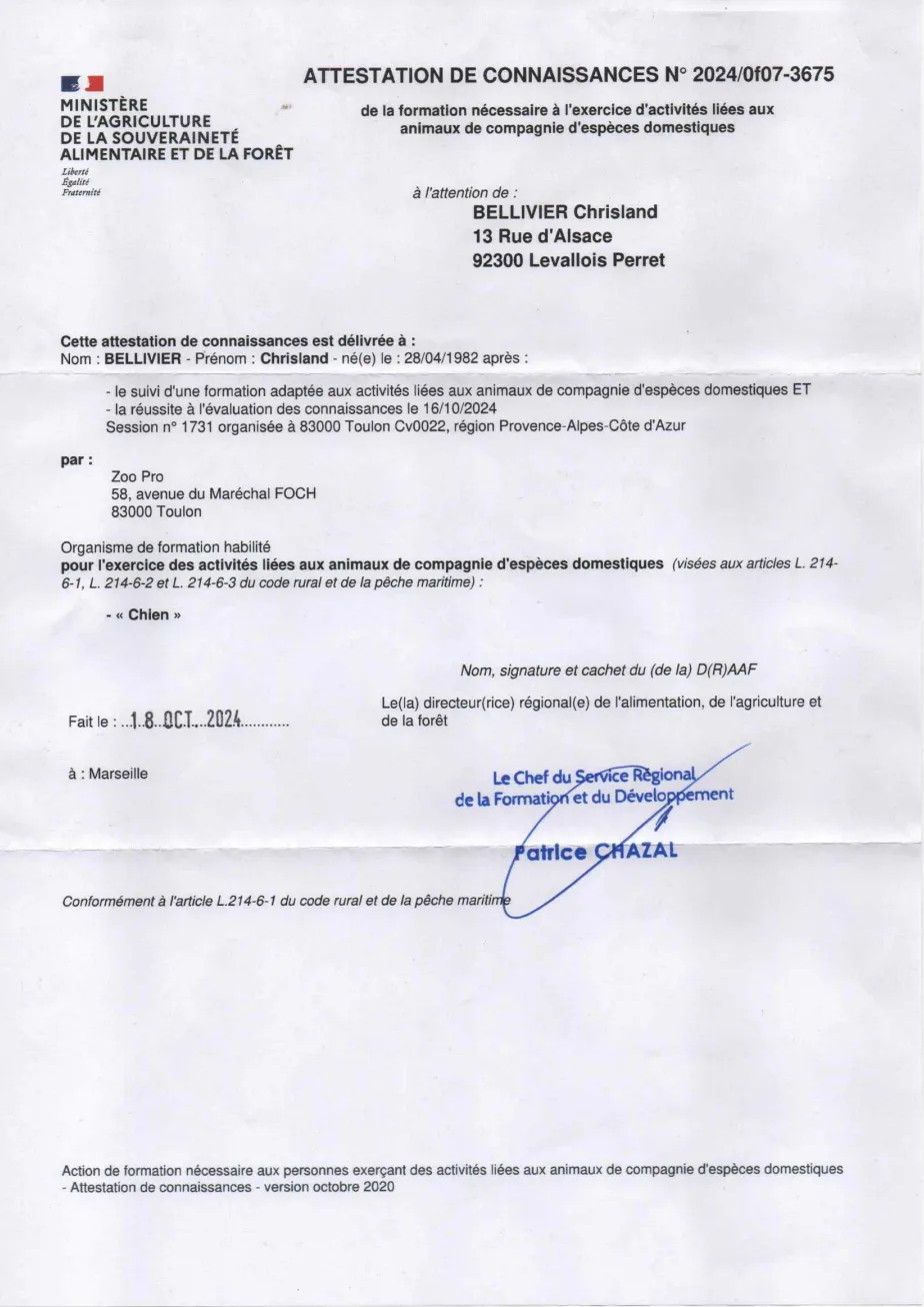 Diplôme d'Etat permettant l'exercice de la profession d'éducateur canin.