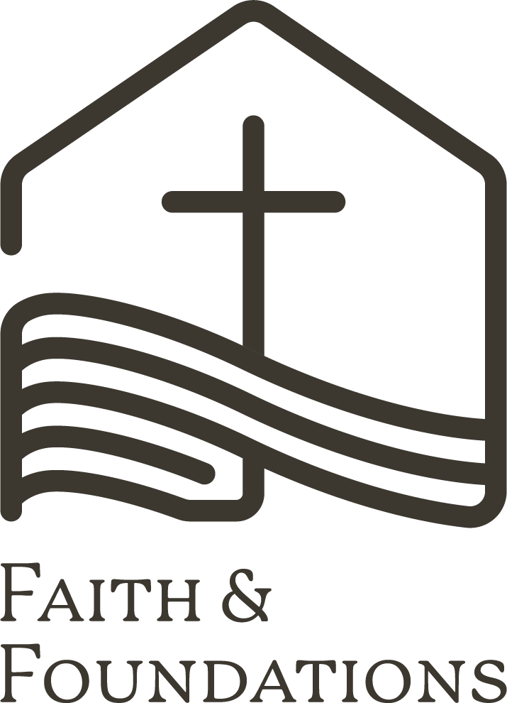 Logo with a house shape, a cross inside, and wavy lines above the words Faith & Foundations.