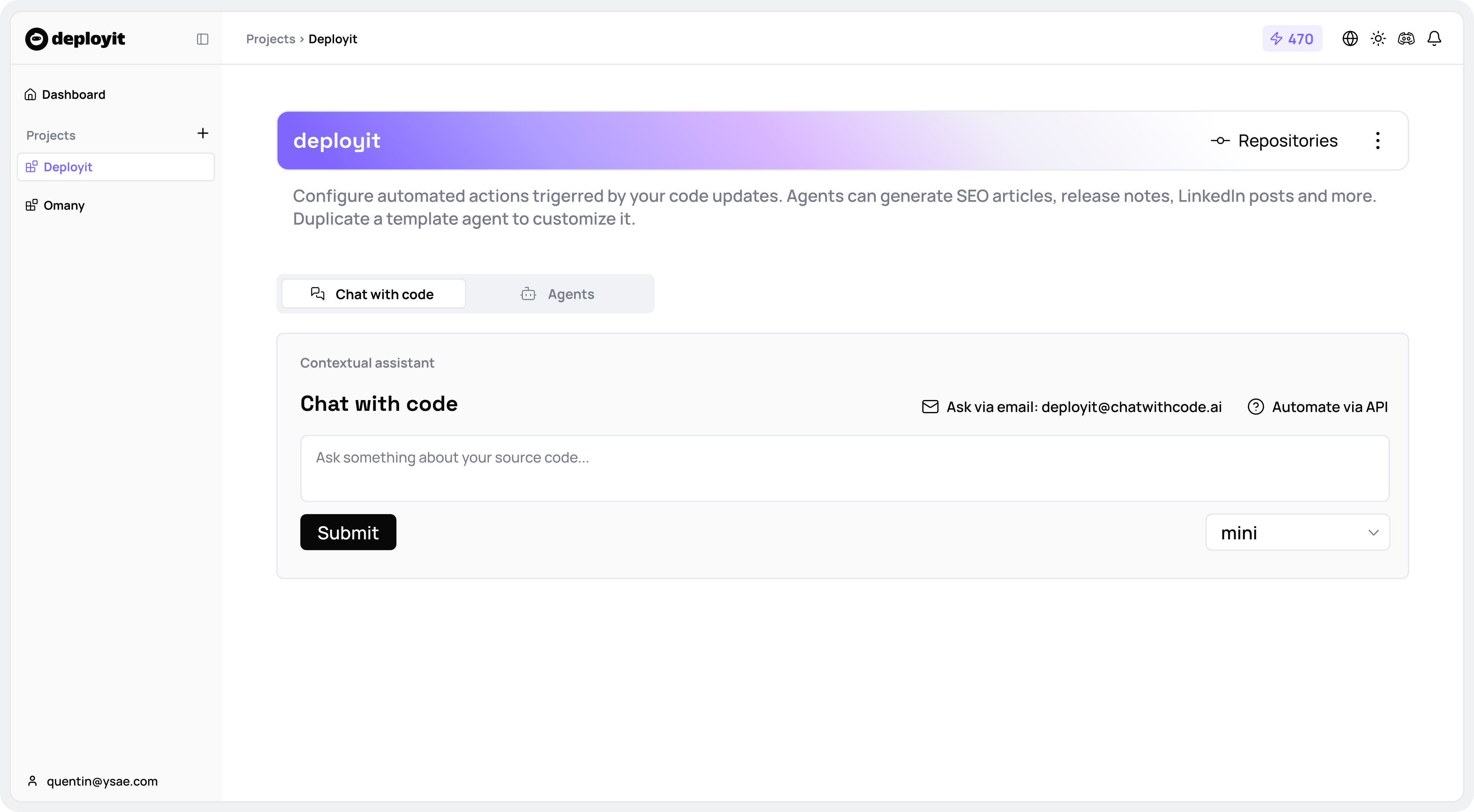 Screen app Deployit - Chat with code