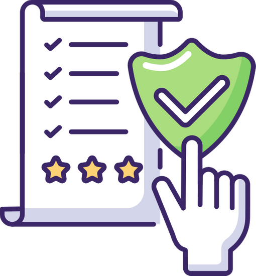 Checklist with checkmarks, three stars, and a hand clicking a shield with a checkmark, symbolizing trusted approval or verification.