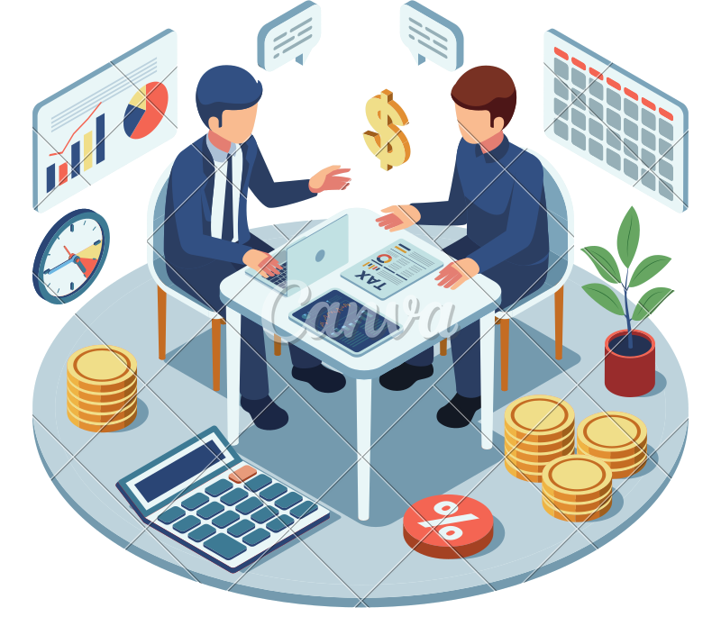 Two men discussing tax documents at a table surrounded by financial icons like charts, coins, calculator, and a percentage symbol.