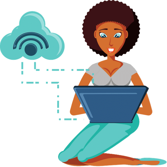 Illustration of a smiling woman with curly hair sitting cross-legged using a laptop with a cloud icon connected by dotted lines, representing cloud computing or internet connectivity.
