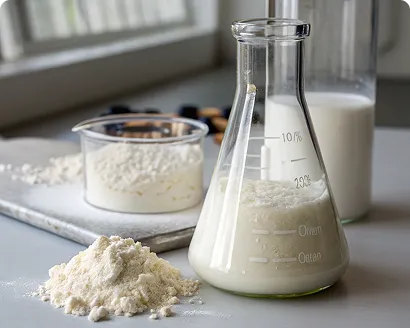 Laboratory glassware including a conical flask with white liquid, glass beaker with milk-like substance, and white protein powder, demonstrating MOA's fermentation and ingredient processing capabilities
