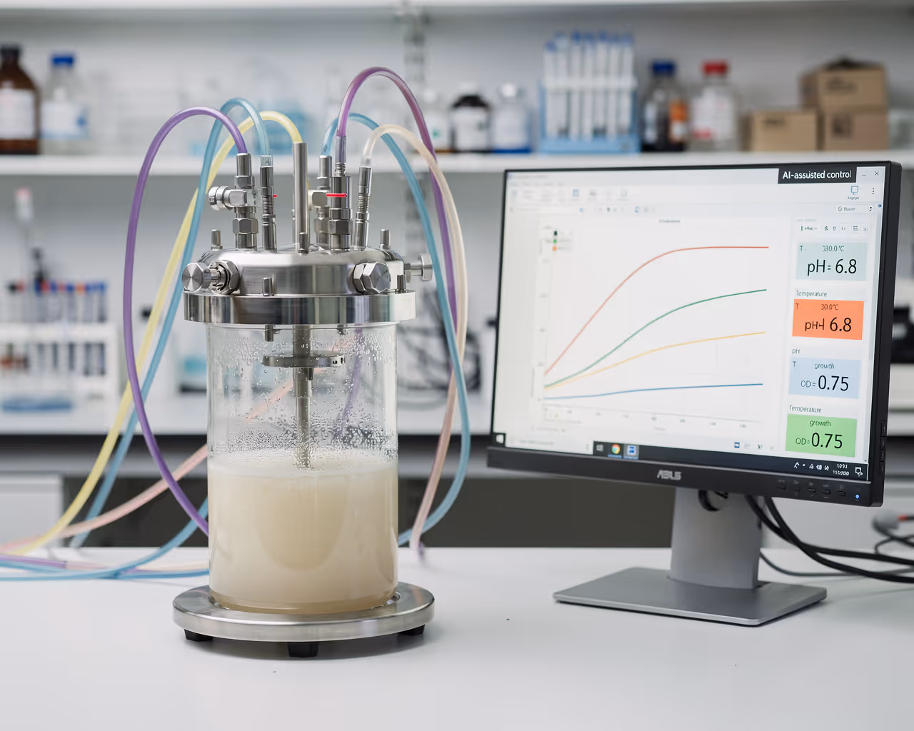 MOA laboratory researchers in white coats and hair caps working with fermentation equipment in sterile facility