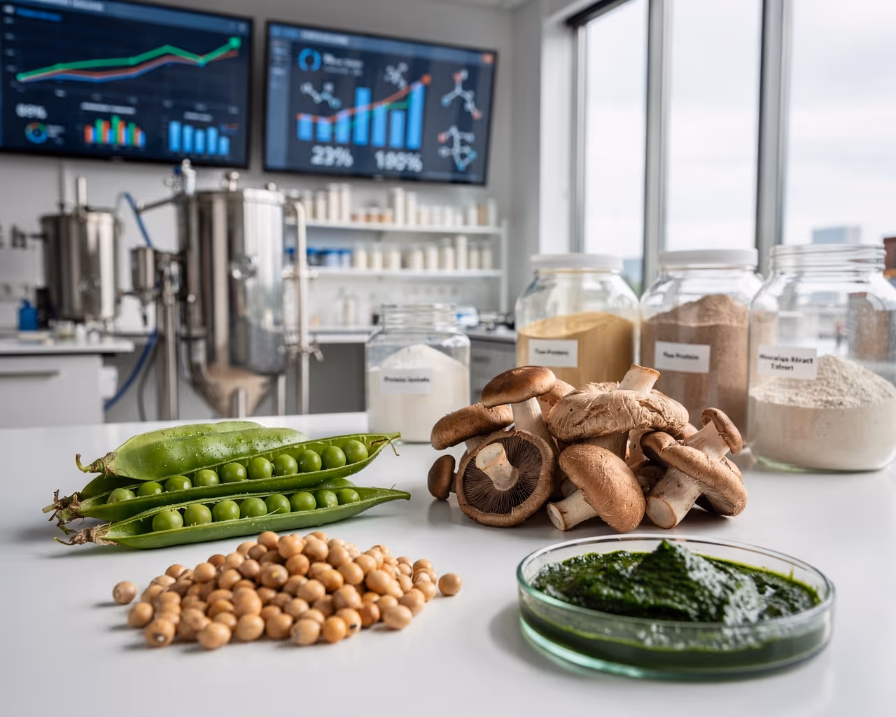 Three green ceramic bowls containing different grain products - yellow millet or corn, beige flour or powder, and brown lentils or small grains - arranged with wheat stalks, representing sustainable ingredient sources for MOA's fermentation processes